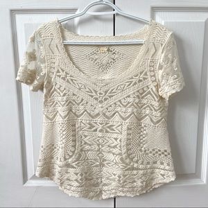 Anthropologie cream lace embroidered top